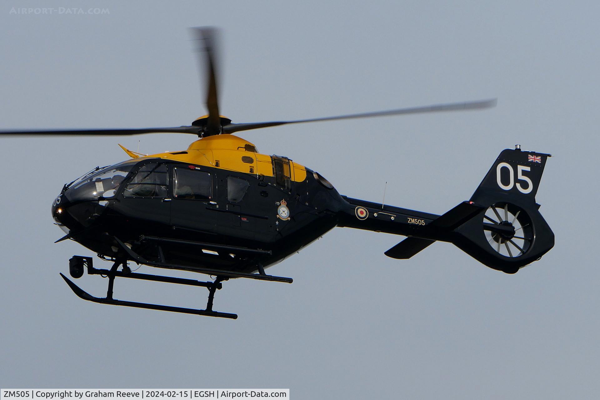 ZM505, 2016 Airbus Helicopters Juno HT.1 (EC-135T-3H) C/N 2002, Landing at Norwich.