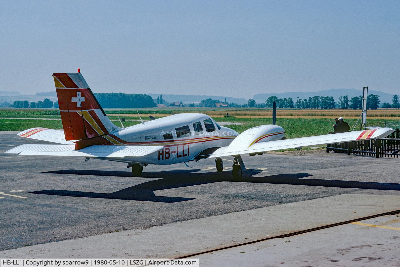 HB-LLI, 1979 Piper PA-34-200T C/N 34-7970332, At Grenchen. HB-registered from 1979-06-26 until 1997-12-31. Scanned from a slide.