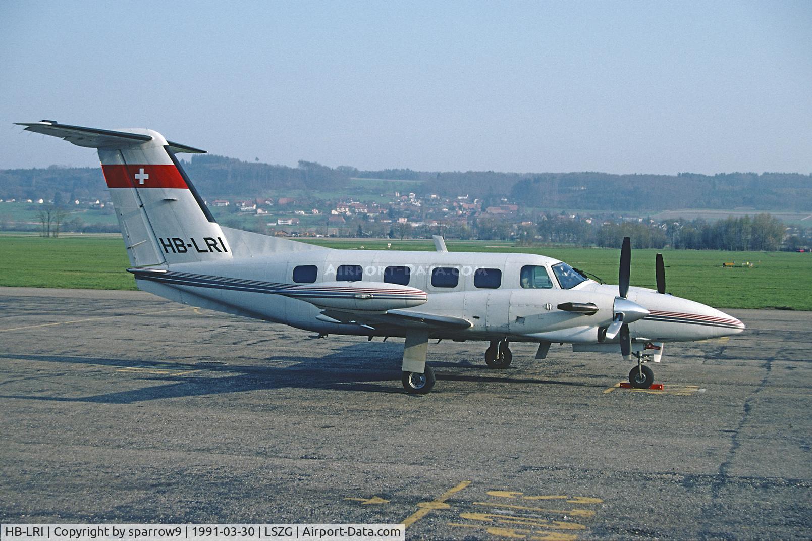 HB-LRI, 1981 Piper PA-42 Cheyenne III C/N 42-8001043, At Grenchen. Crashed as F-GXES at night in the Caribean sea on a MEDEVAC-flight. Scanned from a slide.