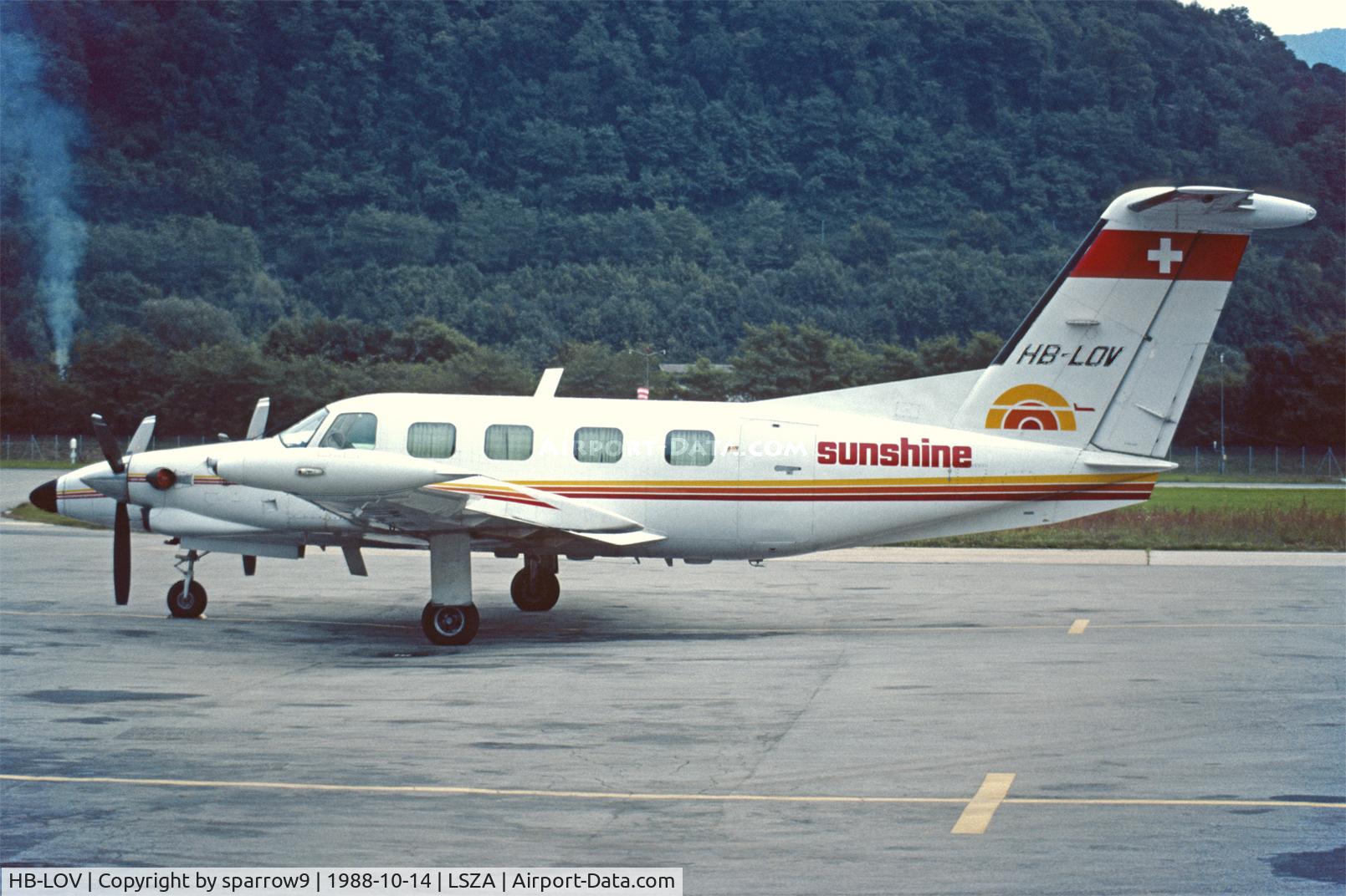 HB-LOV, 1981 Piper PA-42 Cheyenne III C/N 42-8001057, At Lugano-Agno. HB-registered from 1986-01-28 untuil 1989-10-19. Scanned from a slide.