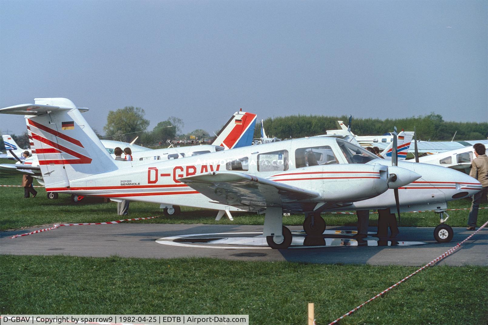 D-GBAV, 1981 Piper PA-44-180T Turbo Seminole Turbo Seminole C/N 44-8107051, IGM at Baden-Oos. Scanned from a slide.