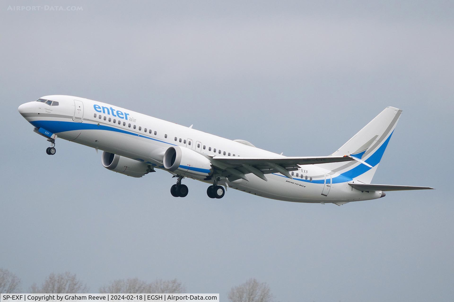 SP-EXF, 2019 Boeing 737-8MAX C/N 61862, Departing from Norwich.