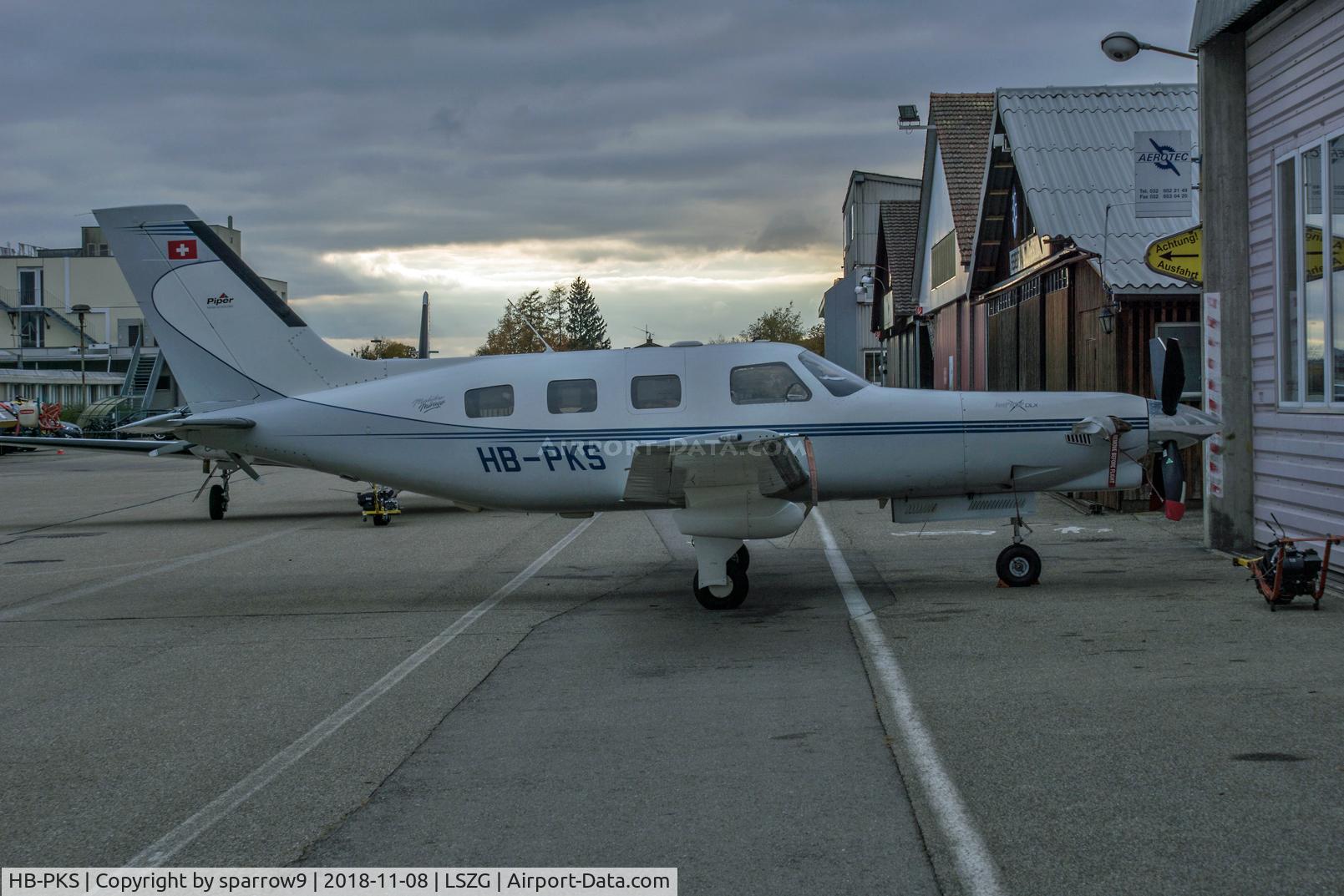 HB-PKS, 1998 Piper PA-46-350P Jetprop DLX Malibu Mirage C/N 46-36180, Maintenance at Grenchen. HB-registered from 1998-11-13 until 2019-02-25