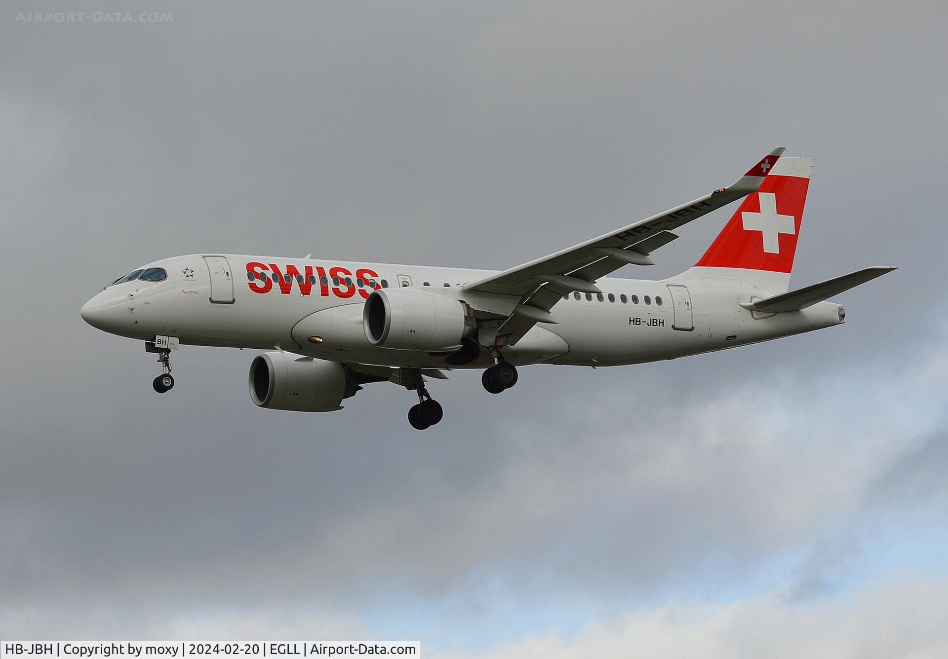 HB-JBH, 2017 Bombardier CSeries CS100 (BD-500-1A10) C/N 50017, Bombardier C Series CS100 (BD-500-1A10) landing at London Heathrow.