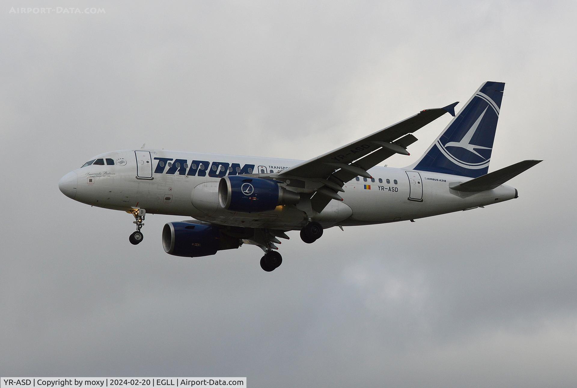 YR-ASD, 2007 Airbus A318-111 C/N 3225, Airbus A318-111 landing at London Heathrow.