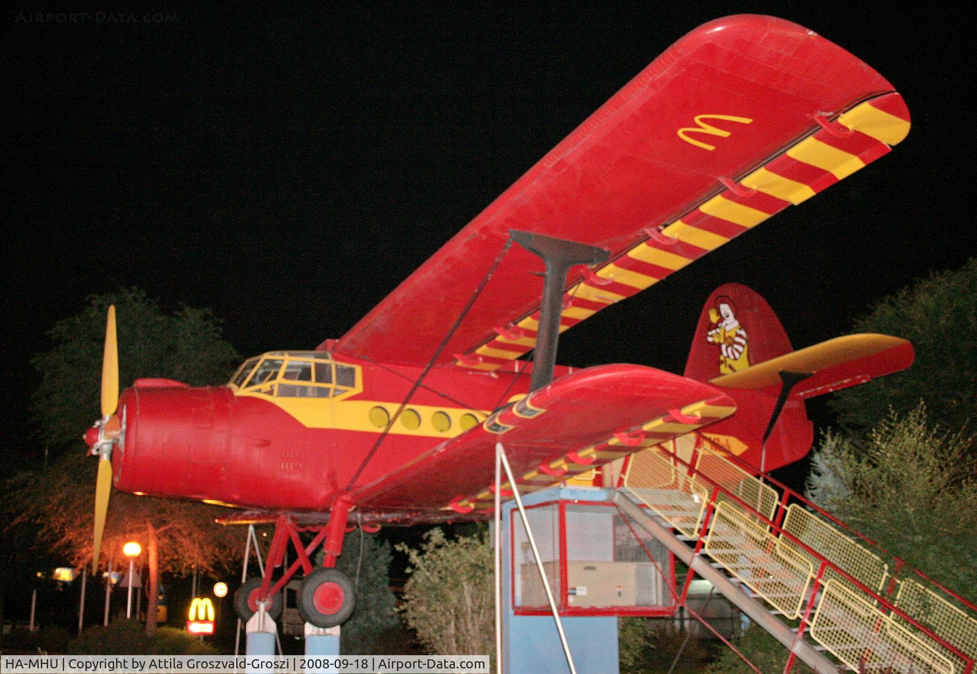 HA-MHU, 1974 PZL-Mielec An-2R C/N 1G155-12, Exhibited in Budapest at McDonald's on Kerepesi Street. Since then, he escaped from here to a wildlife park, Szigethalom.
