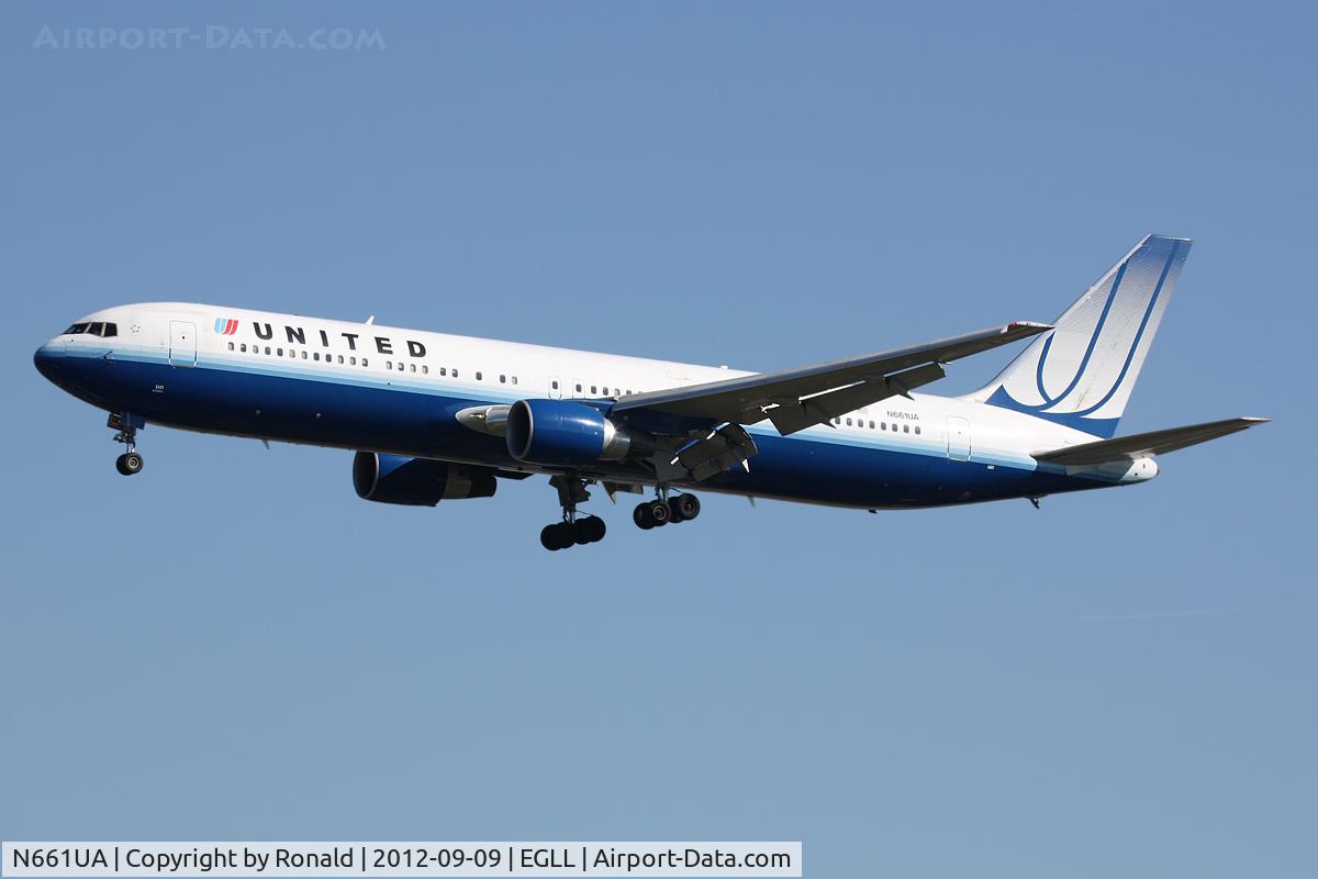 N661UA, 1993 Boeing 767-322 C/N 27158, at lhr