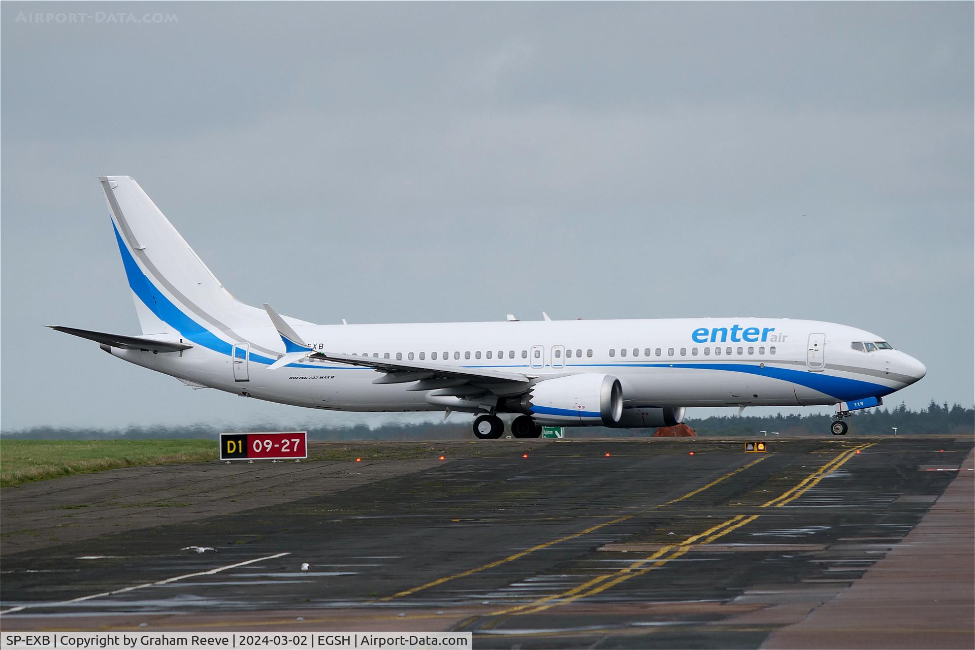 SP-EXB, 2018 Boeing 737-8 MAX C/N 64296, Departing from Norwich.