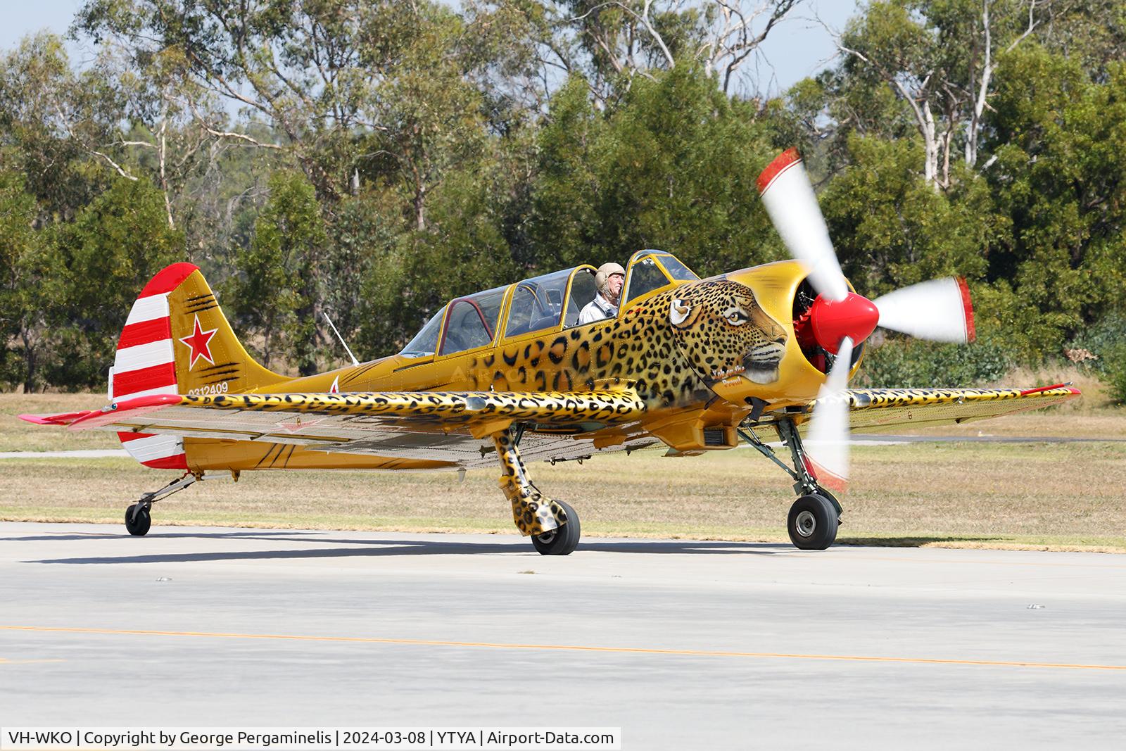 VH-WKO, 2003 Yakovlev (Aerostar) Yak-52TW C/N 0312409, Returning after formation practice for the Tyabb Airshow to be held on 10 Mar.