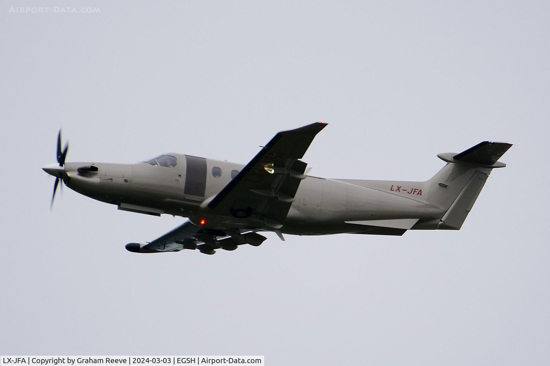 LX-JFA, 2016 Pilatus PC-12/47E C/N 1633, Departing from Norwich.