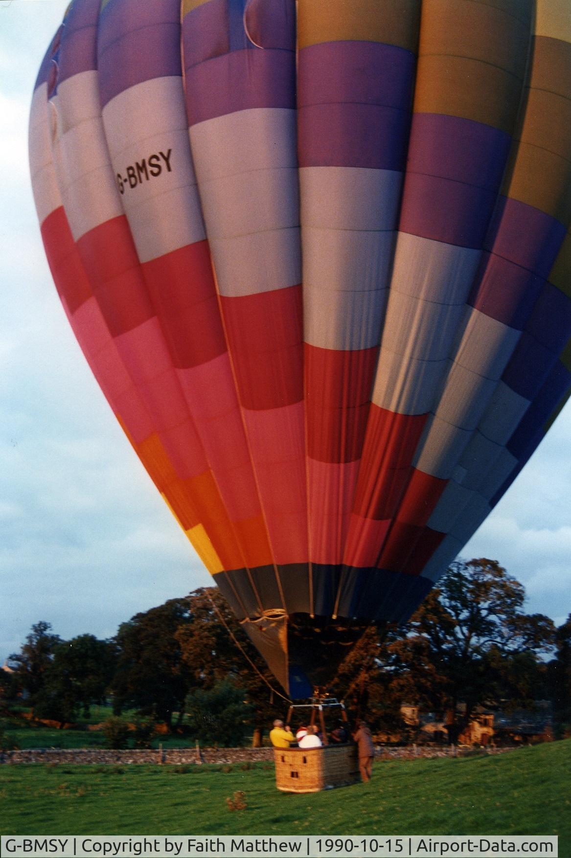 G-BMSY, 1986 Cameron Balloons A-140 C/N 1105, Flight for my 50th birthday from Kettlewell in the Yorkshire Dales, UK, in October 1990. I was in the basket, so photo taken by my wife, Faith, whose gift the flight was.