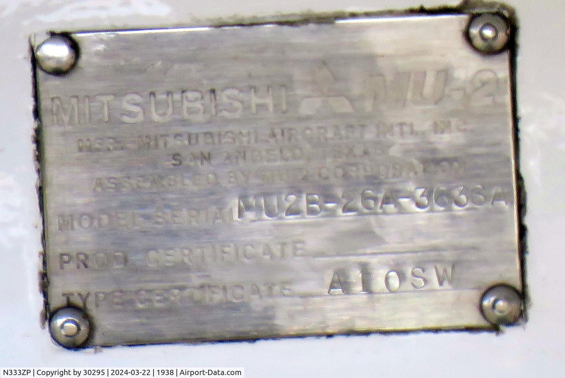 N333ZP, 1977 Mitsubishi MU-2B-26A C/N 363SA, ID Plate