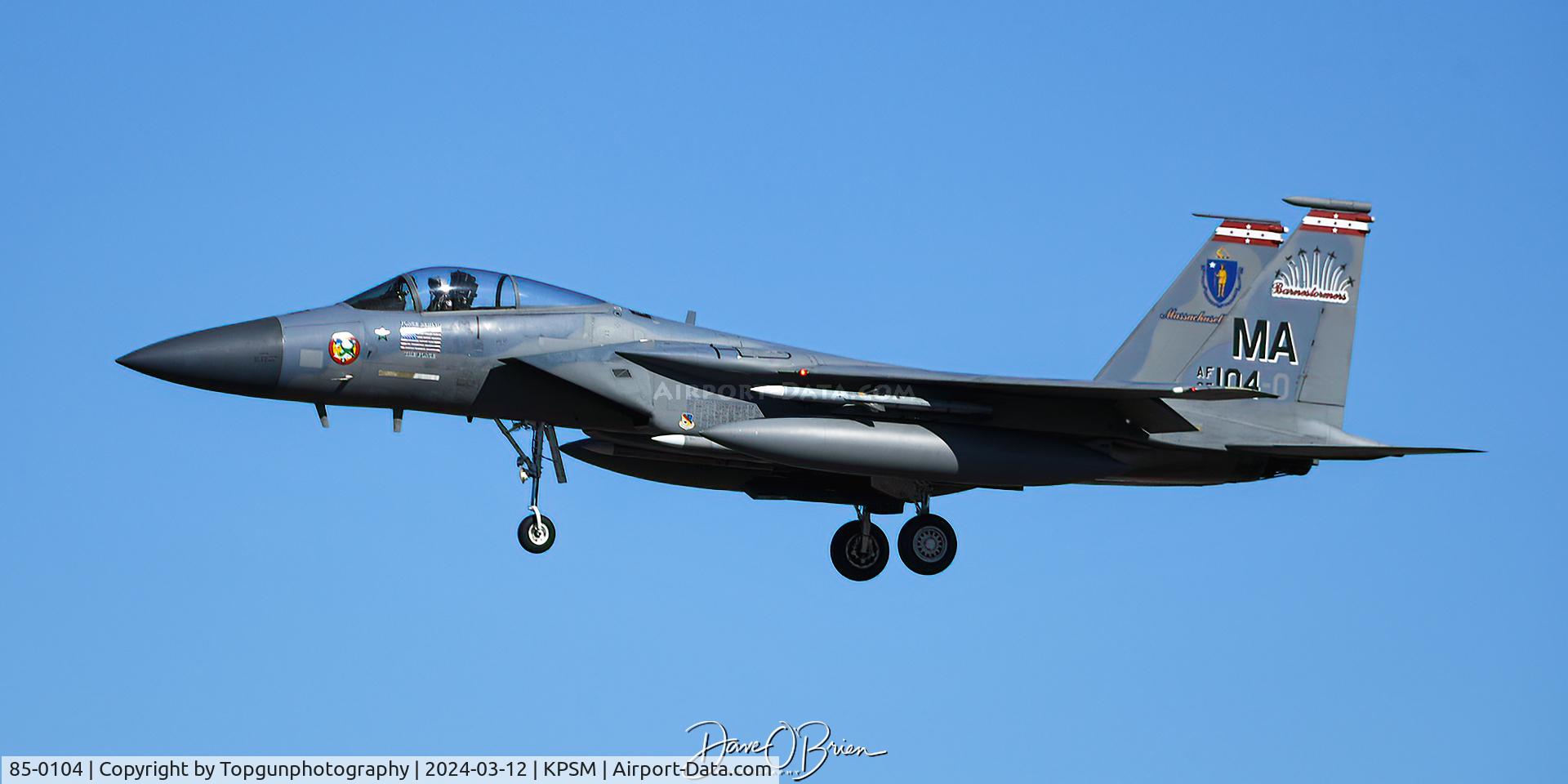 85-0104, 1986 McDonnel Douglas F-15C C/N 958-C346, SLAM42, Wing Jet of the MA ANG comes through for a low approach to RW34