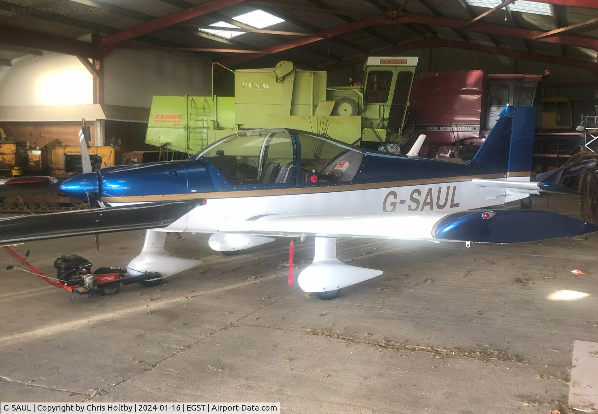 G-SAUL, 1977 Robin HR-200-160 C/N 106, In the hangar at Elmsett Airfield, Ipswich