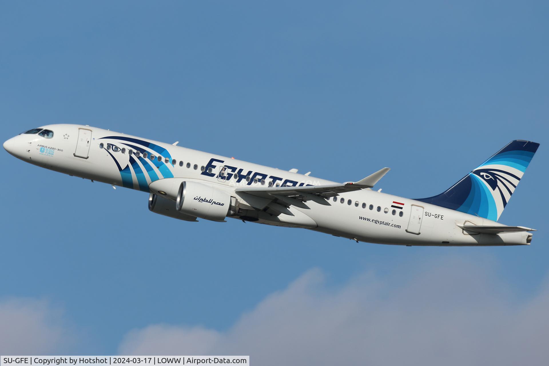 SU-GFE, 2019 Airbus A220-371 C/N 55074, Climbing away from runway 29 with a beacon flash