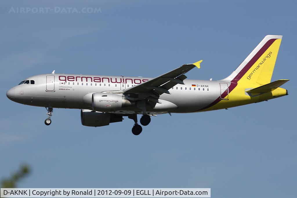 D-AKNK, 1999 Airbus A319-112 C/N 1077, at lhr