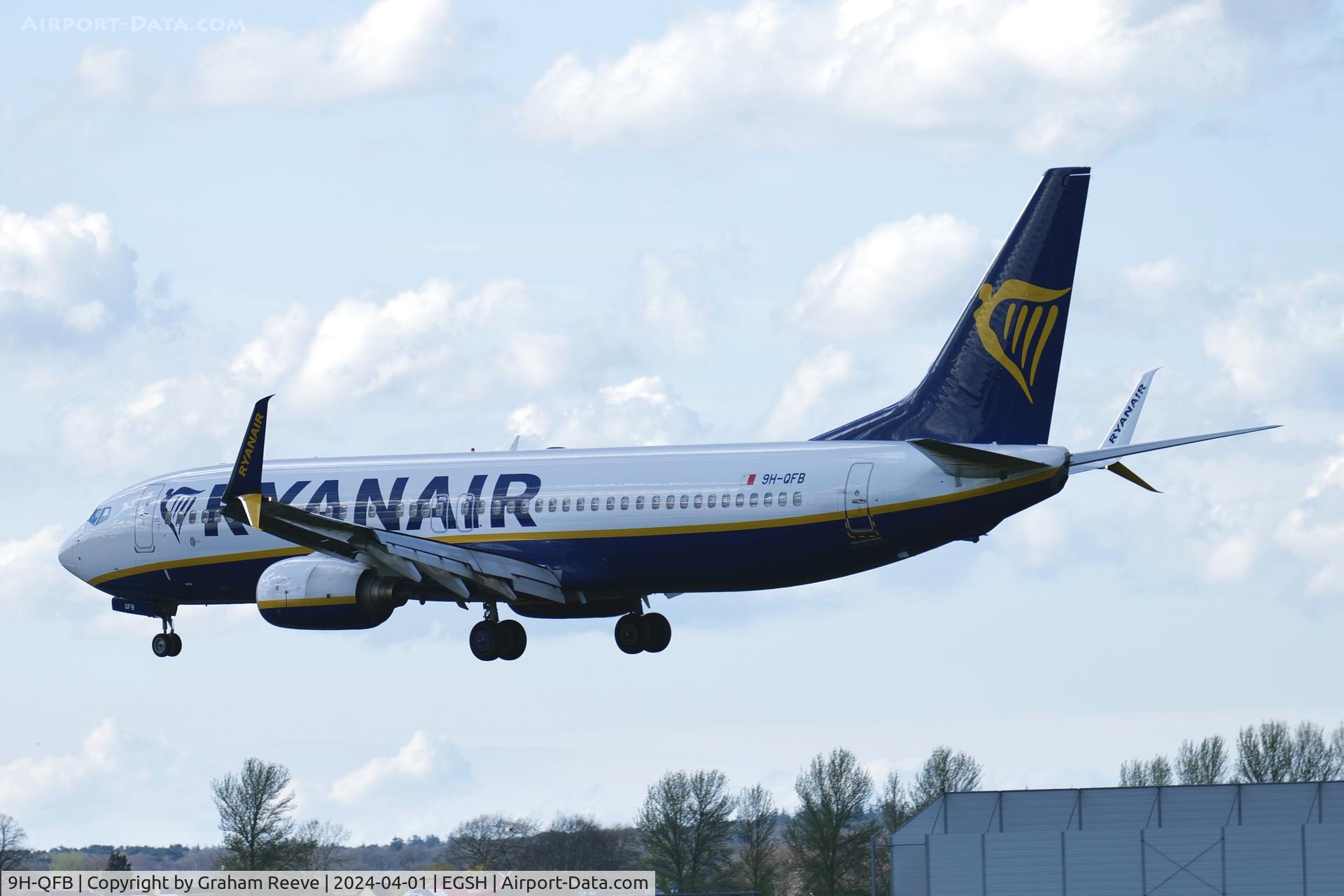 9H-QFB, 2007 Boeing 737-8AS C/N 36075, Landing at Norwich.