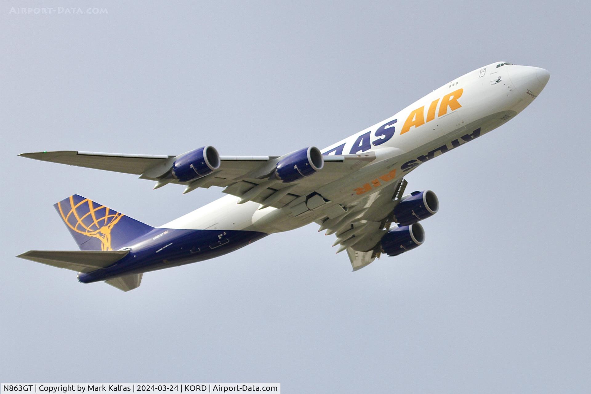 N863GT, 2023 Boeing 747-8F C/N 67150, B748 Atlas Air Boeing 747-8F N863GT GTI8991 departing 10L KORD-PANC, Delivered on January 31, 2023, this was the 1,547th and last 747 built.