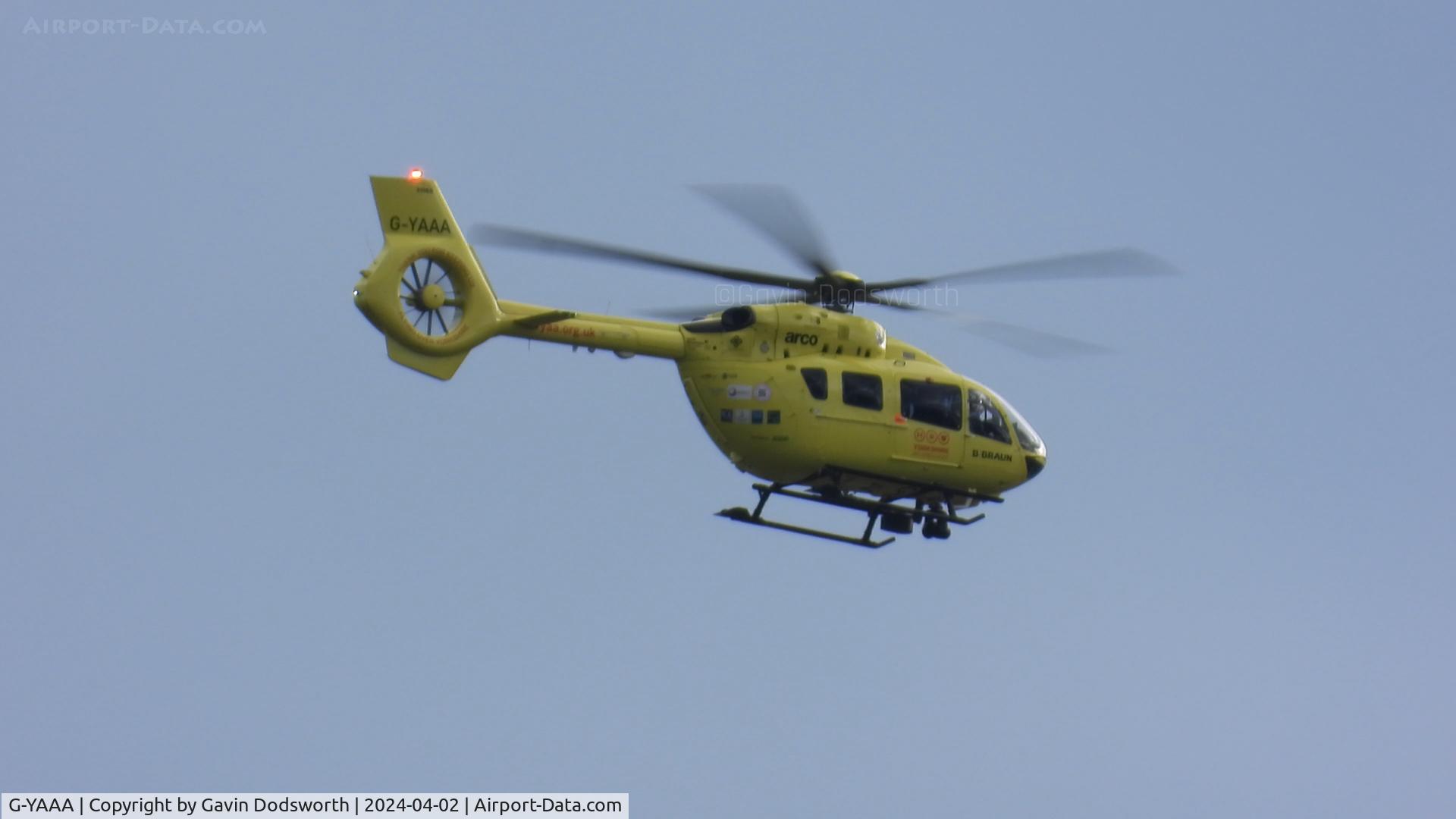 G-YAAA, 2022 Airbus Helicopters EC145-T3 (BK-117D-3) C/N 21185, Flying over the Darlington area of Tuesday 2nd April 2024.