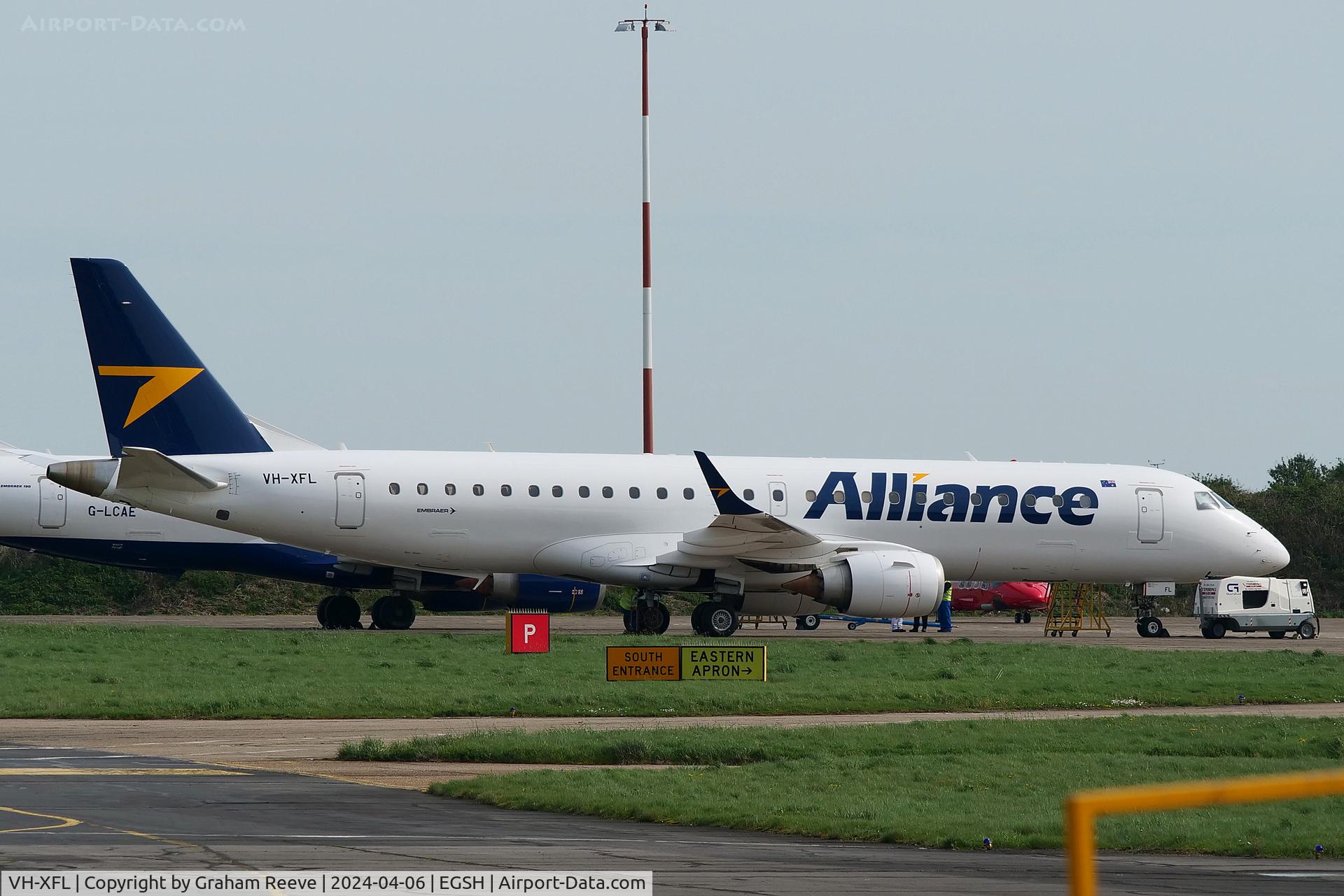 VH-XFL, 2010 Embraer E190 (ERJ-190-100) C/N 19000354, Parked at Norwich.
