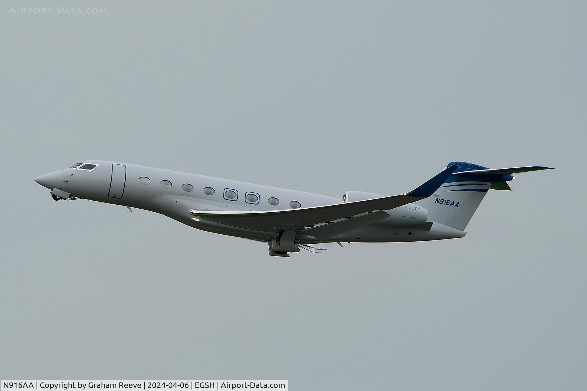 N916AA, 2022 Gulfstream GVI (G650ER) C/N 6505, Departing from Norwich.