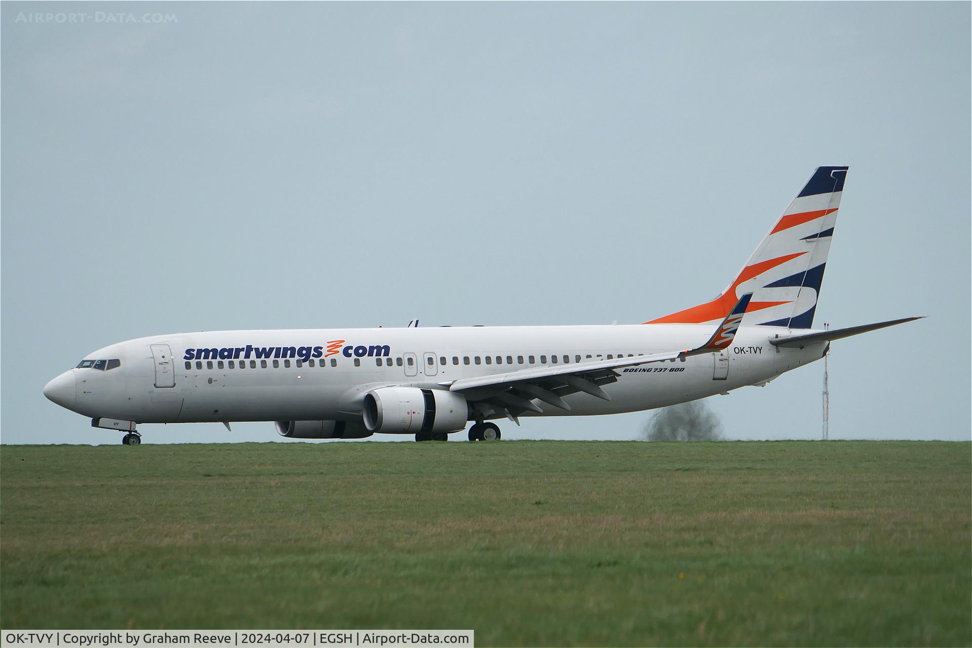 OK-TVY, 2007 Boeing 737-8Q8 C/N 30724, Just landed at Norwich.