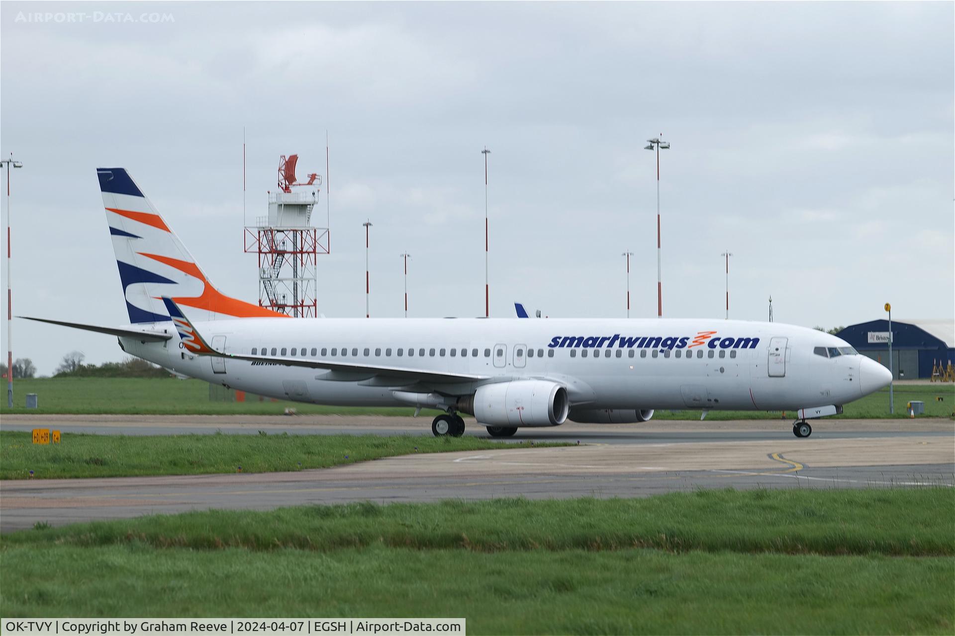 OK-TVY, 2007 Boeing 737-8Q8 C/N 30724, Just landed at Norwich.