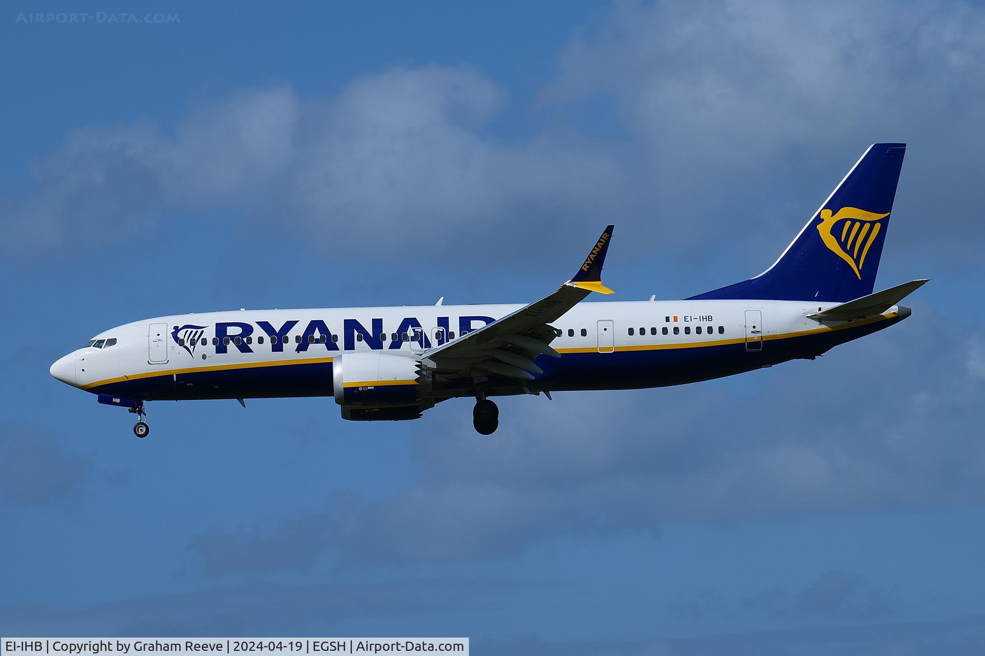 EI-IHB, 2023 Boeing 737-8-200 MAX C/N 67082, Landing at Norwich.