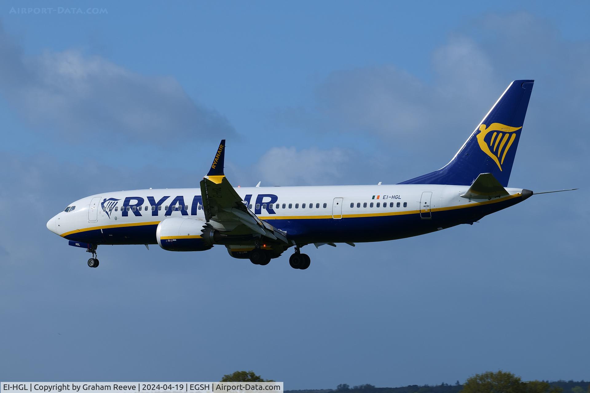 EI-HGL, 2022 Boeing 737-8-200 MAX C/N 65081, Landing at Norwich.