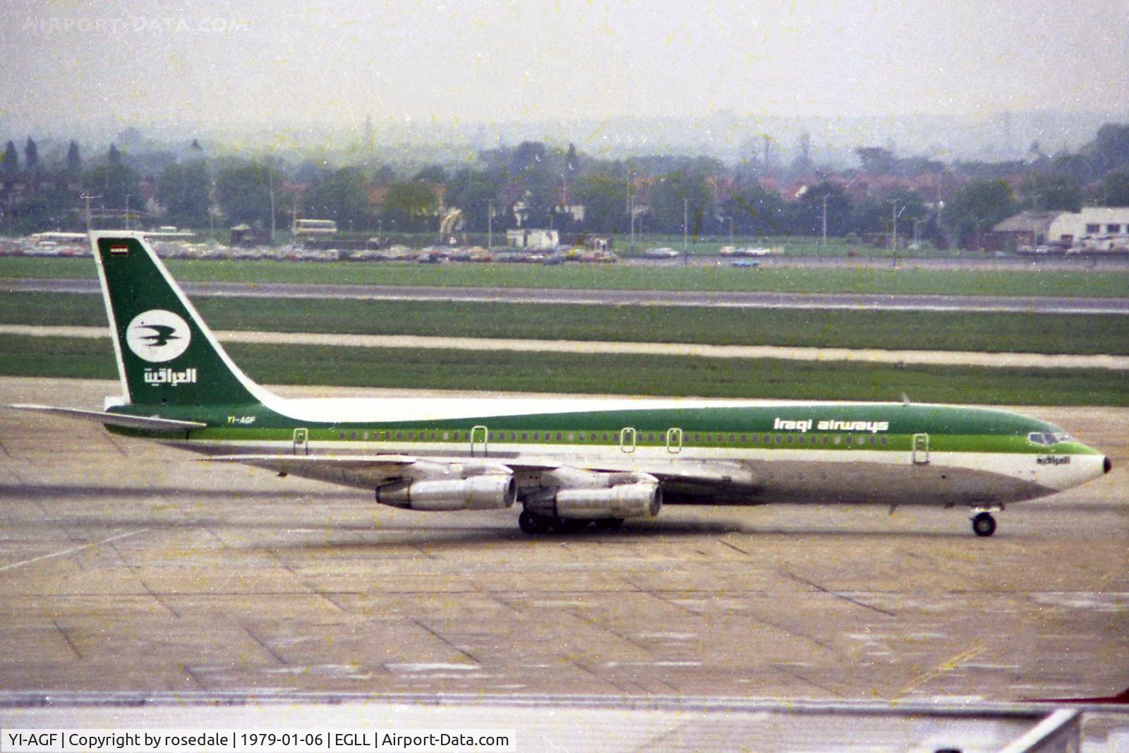 YI-AGF, 1974 Boeing 707-370C C/N 20890, Taxi out to 28R at Heathrow