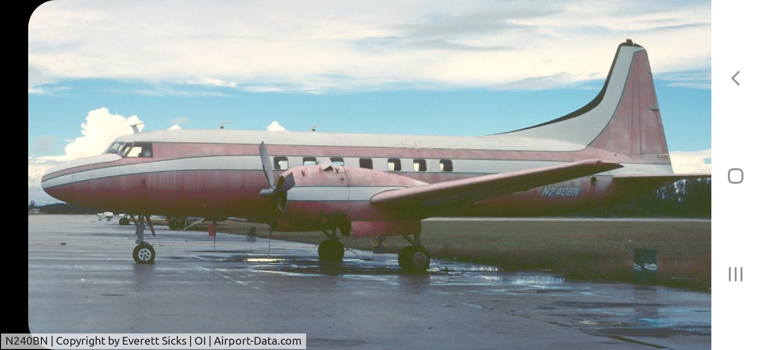 N240BN, 1947 Convair 240-21 C/N 1, Ocala before being scraped, was in Service in Lafayette Louisiana before Norman Industries an offshore pipelining company filed bankruptzy in 1980, serial #1 Convair 240, used as a prototype and fitted with turbins and refitted with R2800 in 1946.