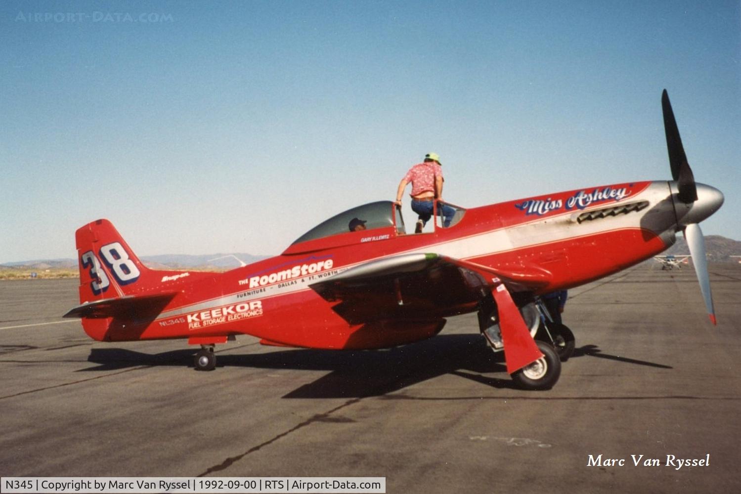 N345, 1944 North American/aero Classics P-51D C/N 4474923, #38 Miss Ashley was flown by Gary Levitz at Reno Air Races in september 1992. Previous reg. N100DD, exported to The Netherlands and became PH-JAT.