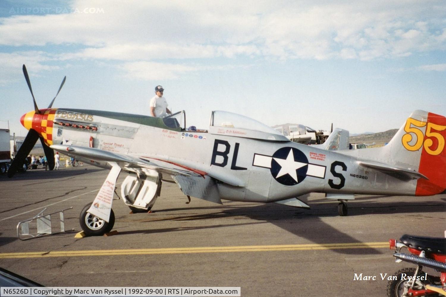 N6526D, 1944 North American P-51D-25NA C/N 44-73415, #55  Pegasus was flown by Delbert Williams at Reno Air Races in september 1992.
