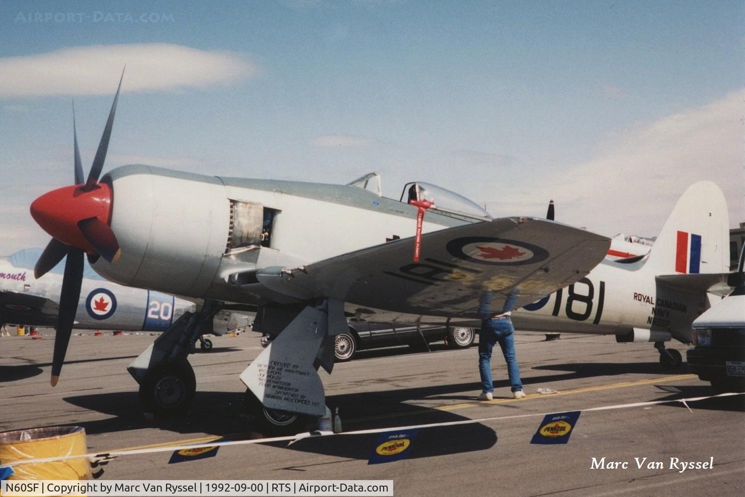 N60SF, 1953 Hawker Sea Fury FB.11 C/N 41H/656816, #181 N60SF was flown by Don Crowe at Reno Air Races in september 1992.