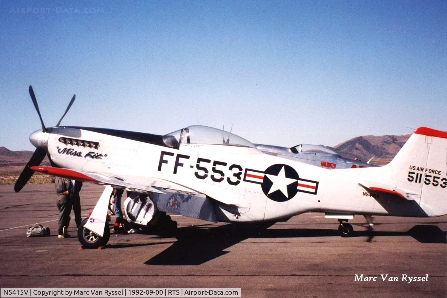 N5415V, North American P-51D Mustang C/N 45-11553, #553  Miss Fit was flown by Bill Rheinschild at Reno Air Races in september 1992.