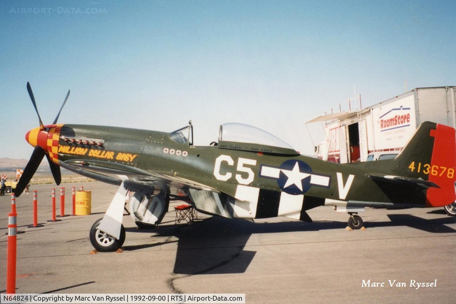 N64824, 1944 North American P-51D-30NA Mustang C/N 122-4929, Back in time, N64824 as Million Dollar Baby during the 1992 Reno Air Races. Owner/pilot was Art Vance.