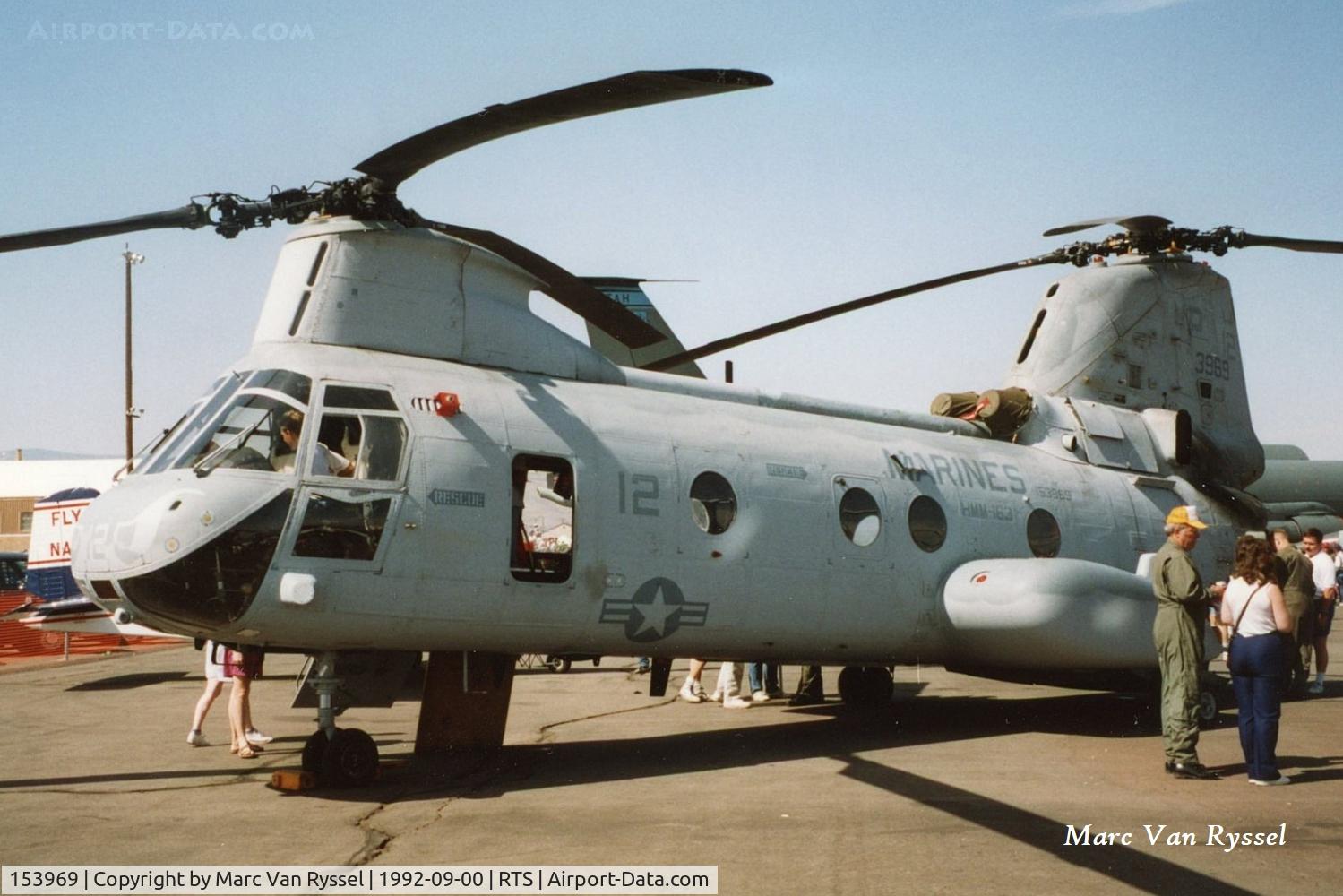 153969, 1967 Boeing Vertol CH-46E Sea Knight C/N 2320, 153969 of HMM-163 at Reno Air Races in sept.1992. To AMARC on 2010-06-04.