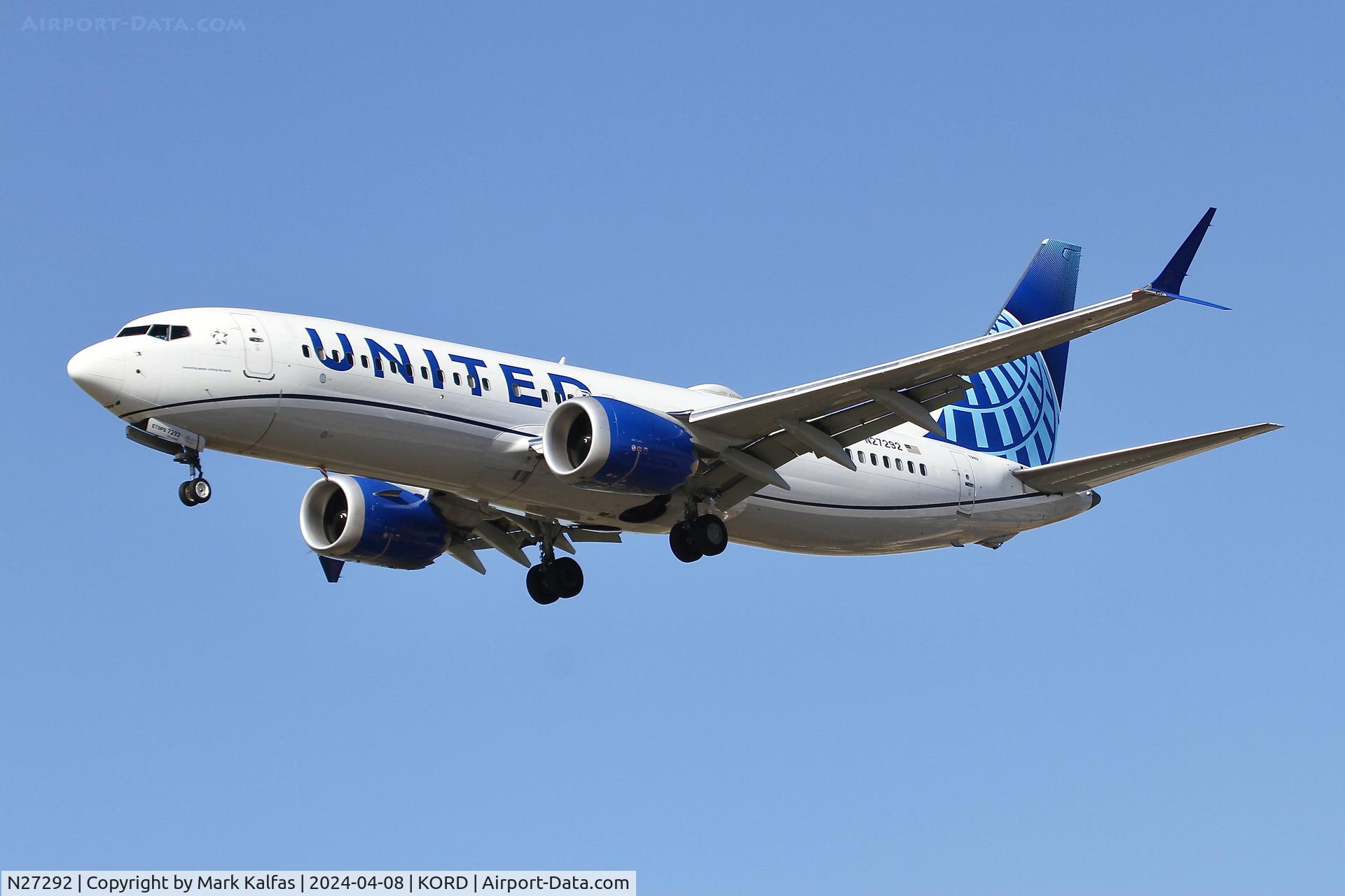 N27292, 2022 Boeing 737-8 MAX C/N 67553, B38M United Airlines Boeing 737-9 MAX  N27292 UAL434 SNA-ORD arriving on 28C ORD