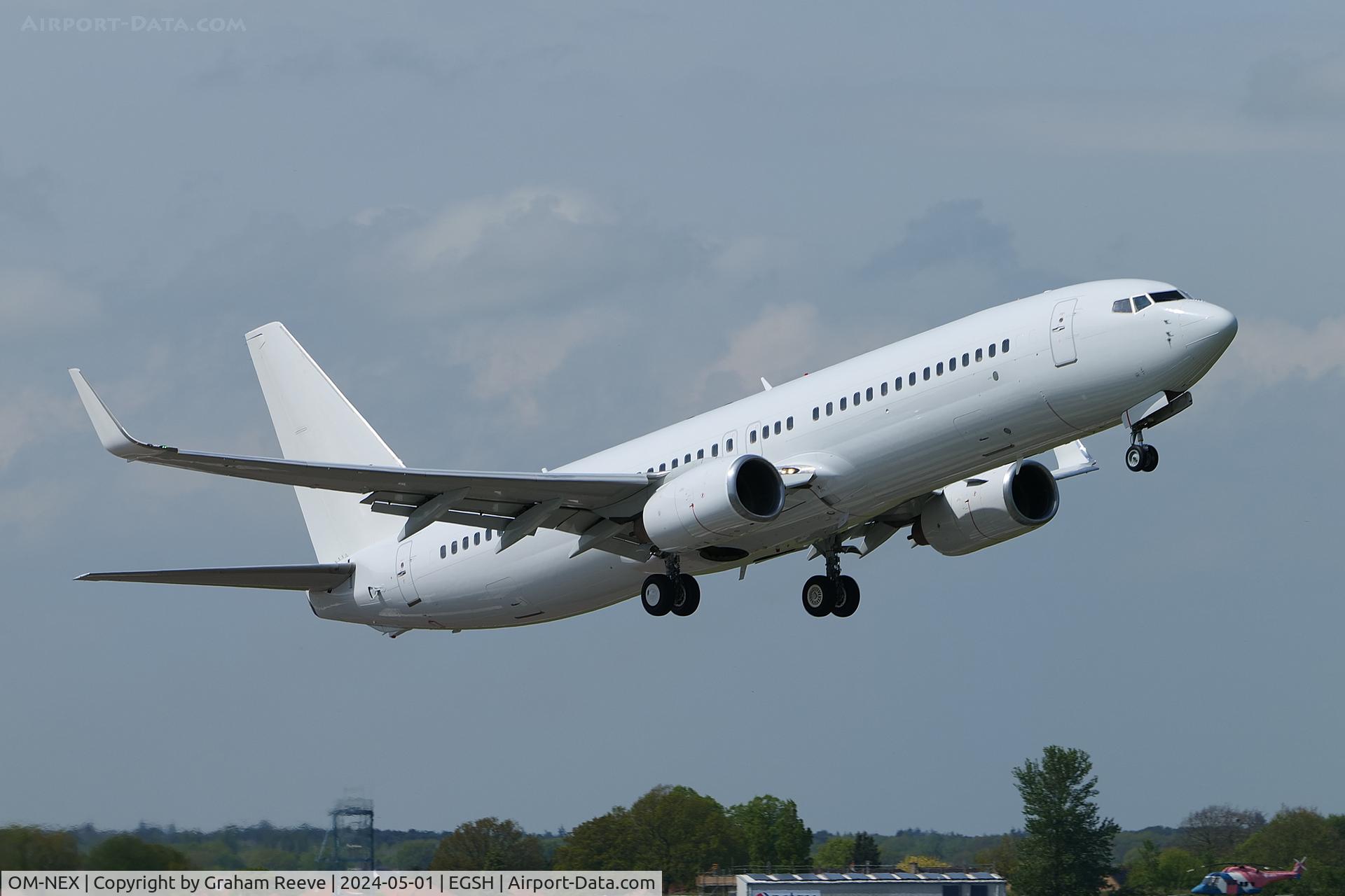 OM-NEX, 2010 Boeing 737-8KN C/N 29636, Departing from Norwich.