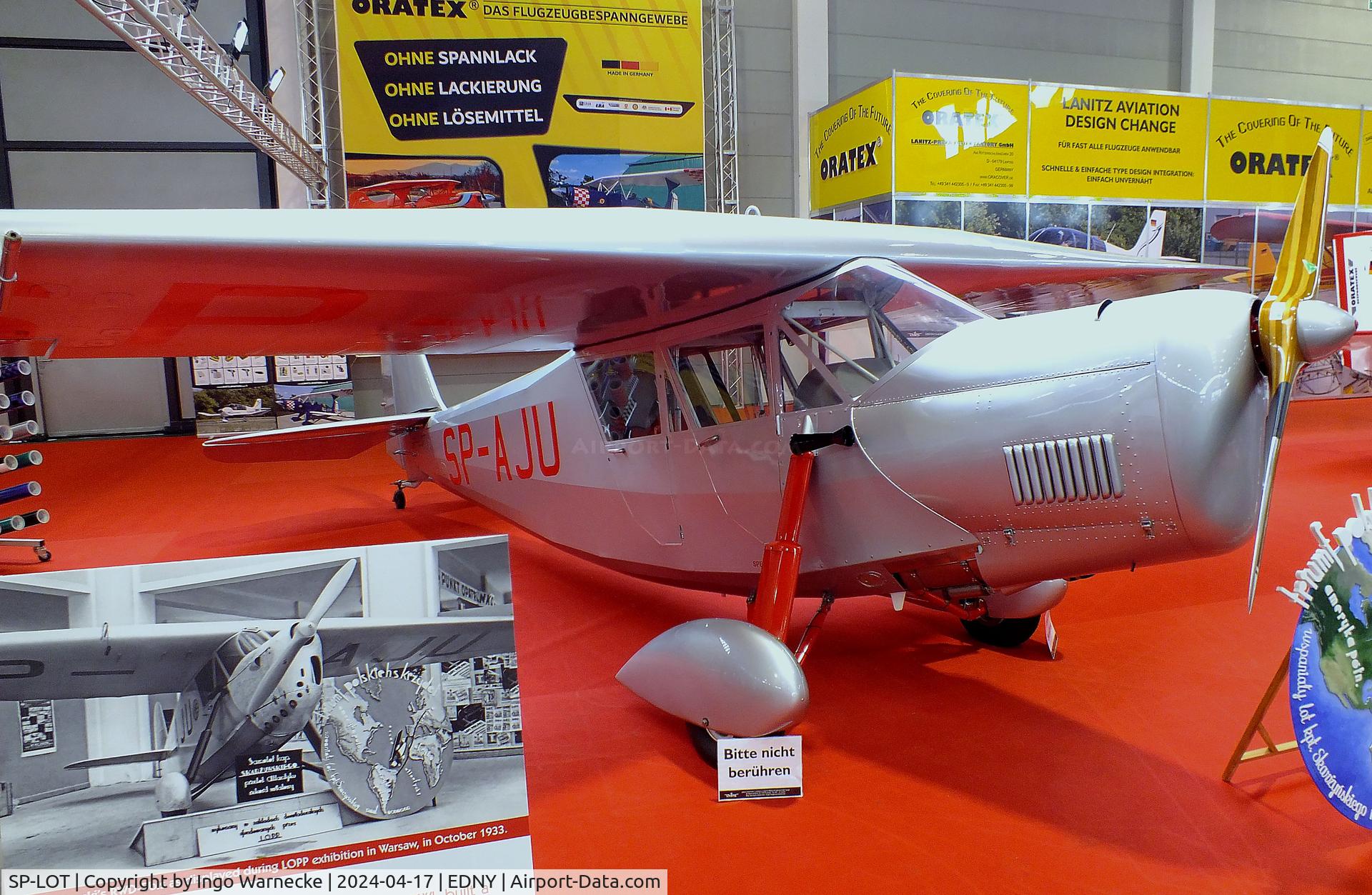 SP-LOT, 2000 Stowarzyszenie Lotnictwa Eksperymentalnego RWD-5R C/N 001, Rogalski-Wigura-Dzewiecki (Stowarzyszenie Lotnictwa Eksperymentalnego EAA991) RWD-5R replica, marked as 'SP-AJU' to commemorate the transatlantic flight by a single-seat RWD-5bis from Senegal to Brazil in May 1933, at the AERO 2024, Friedrichshafen