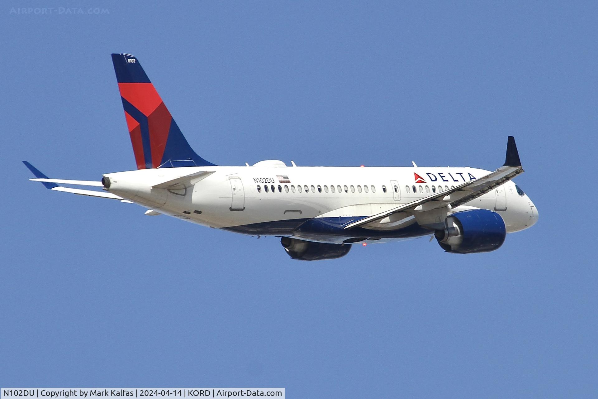 N102DU, 2018 Airbus A220-100 C/N 50021, BCS1 Delta Airlines Airbus A220-100 N102DU DAL1173 ORD-LGA departing 10C ORD