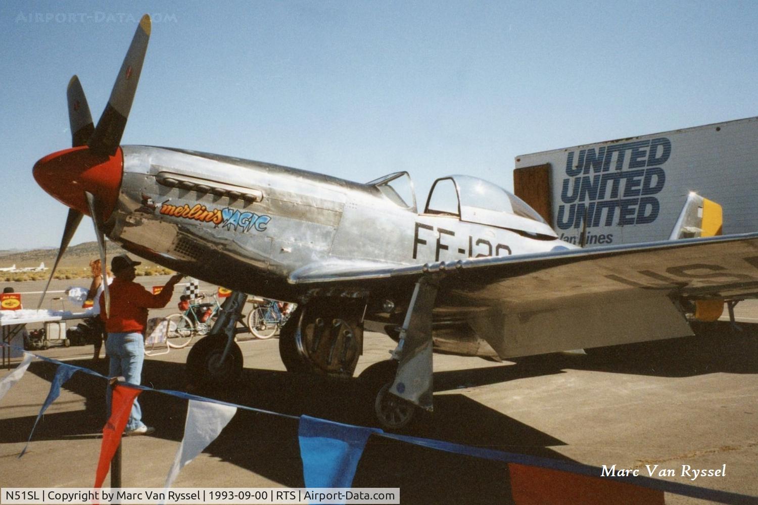 N51SL, 1944 North American P-51D Mustang C/N 122-39588 (44-73129), #22  Merlin's Magic was flown by Stuart Eberhardt at the Reno Air Races in sept. 1993.