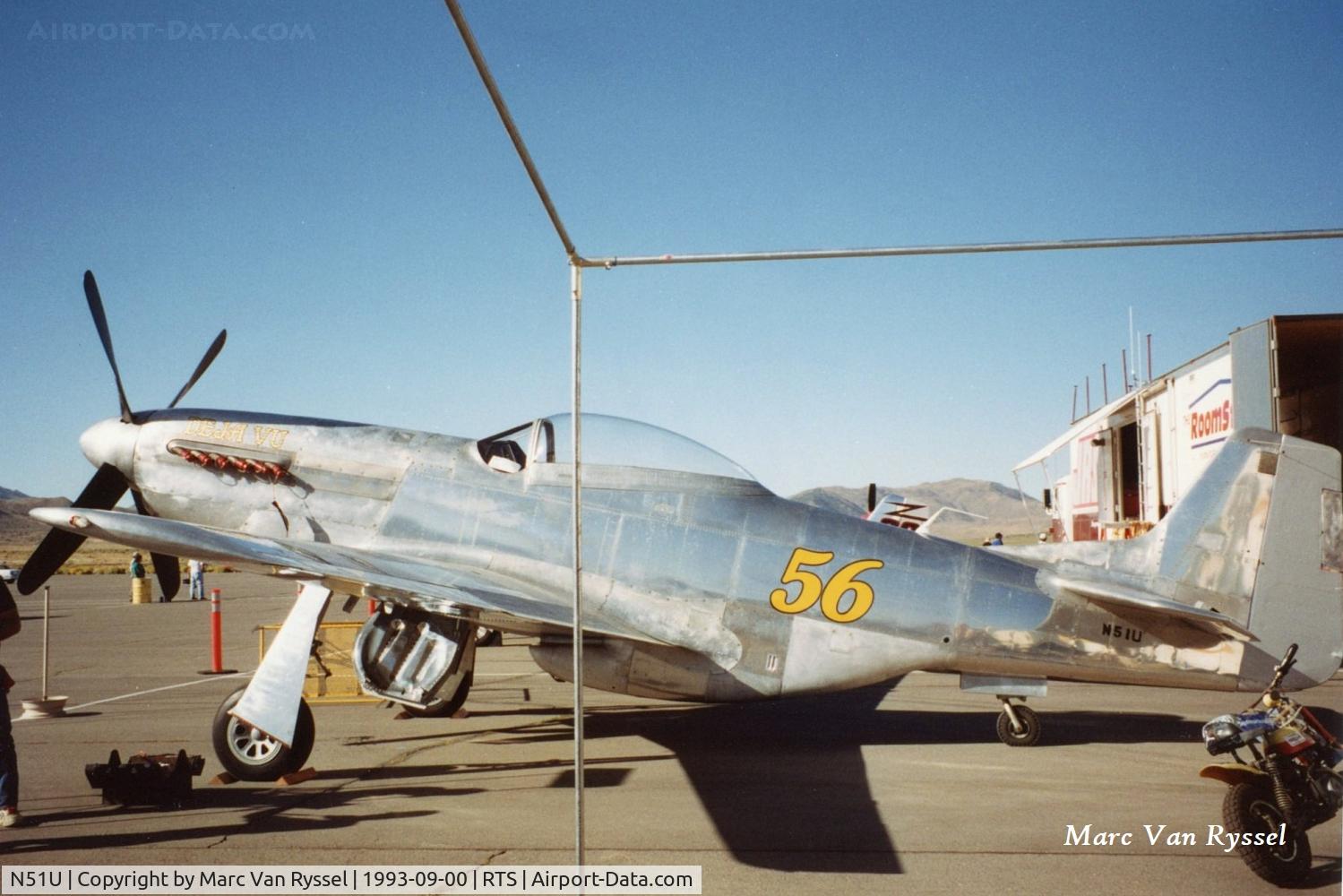 N51U, 1944 North American P-51D Mustang C/N 44-74204 (122-40744), N51U  #56  Deja Vu was flown by William Speer at the Reno Air Races in sept. 1993.