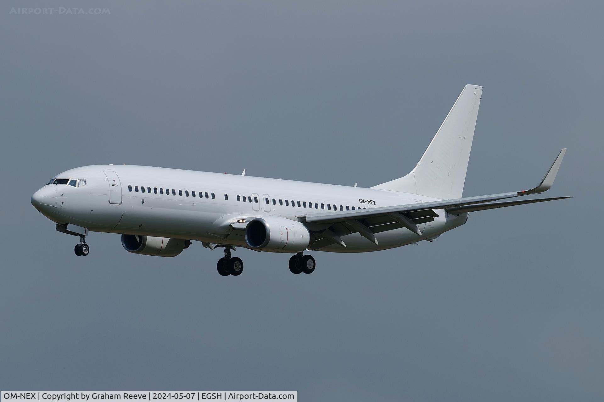 OM-NEX, 2010 Boeing 737-8KN C/N 29636, Landing at Norwich.