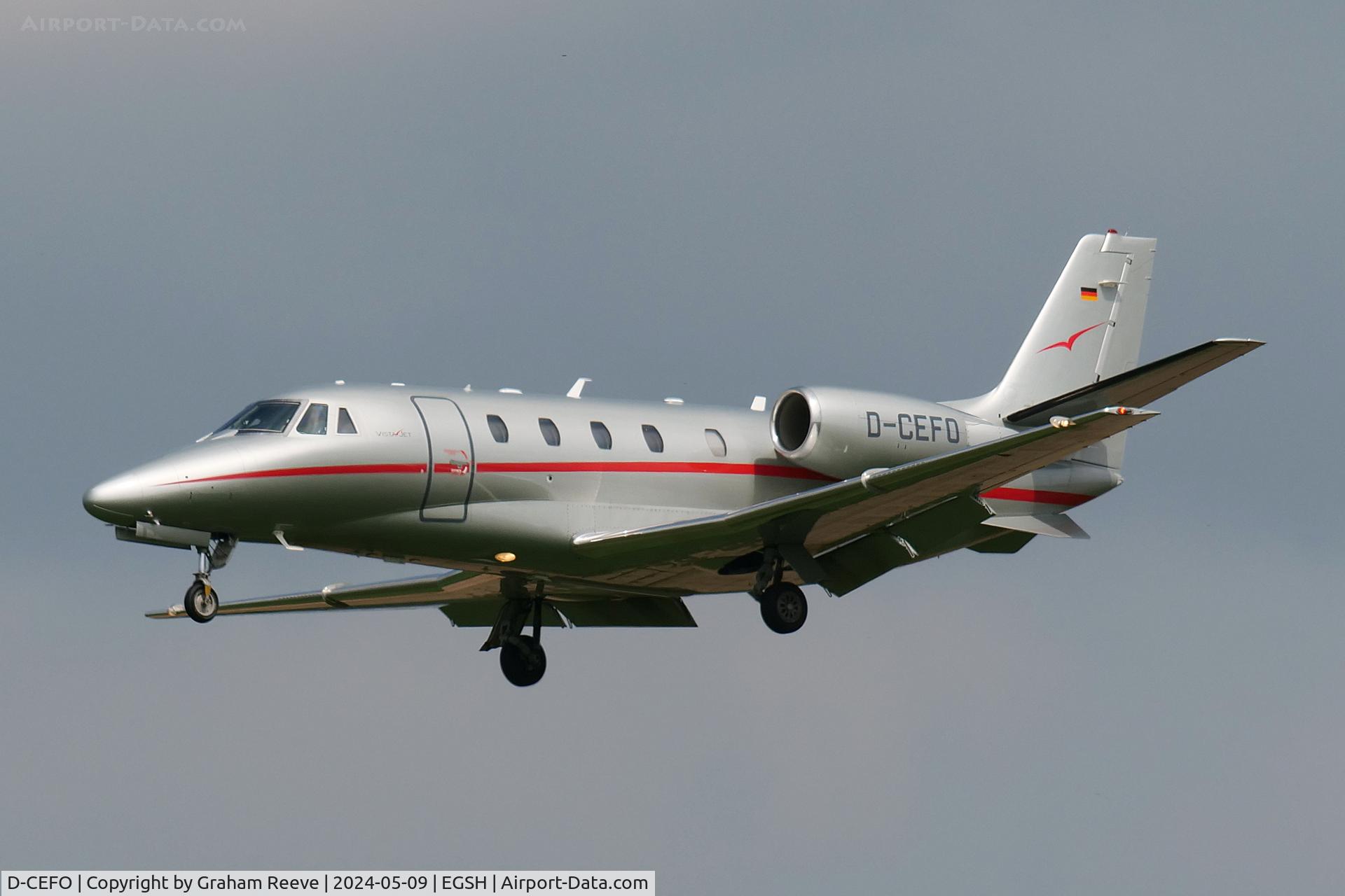 D-CEFO, 2011 Cessna 560XL Citation Excel XLS+ C/N 560-6082, Landing at Norwich.