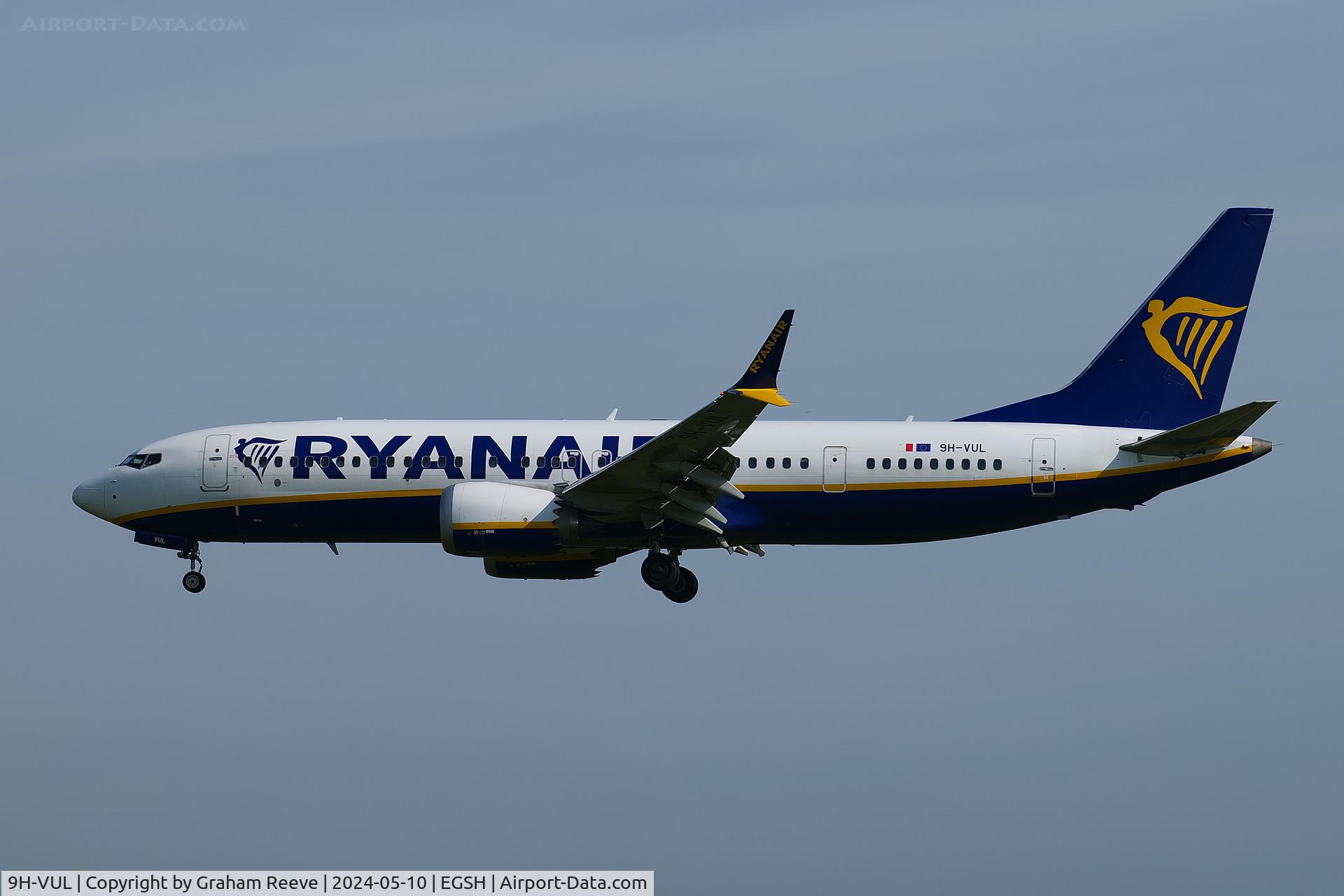 9H-VUL, 2021 Boeing 737-8-200 MAX C/N 62332, Landing at Norwich.