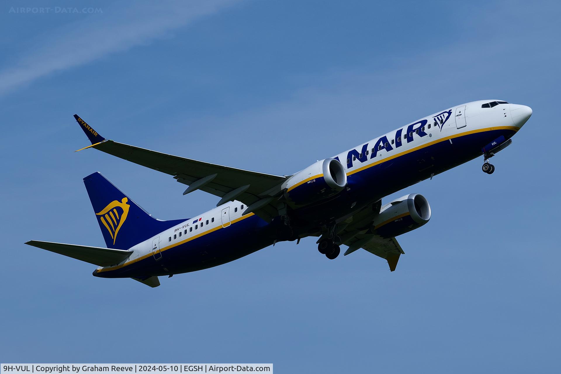 9H-VUL, 2021 Boeing 737-8-200 MAX C/N 62332, Departing from Norwich.