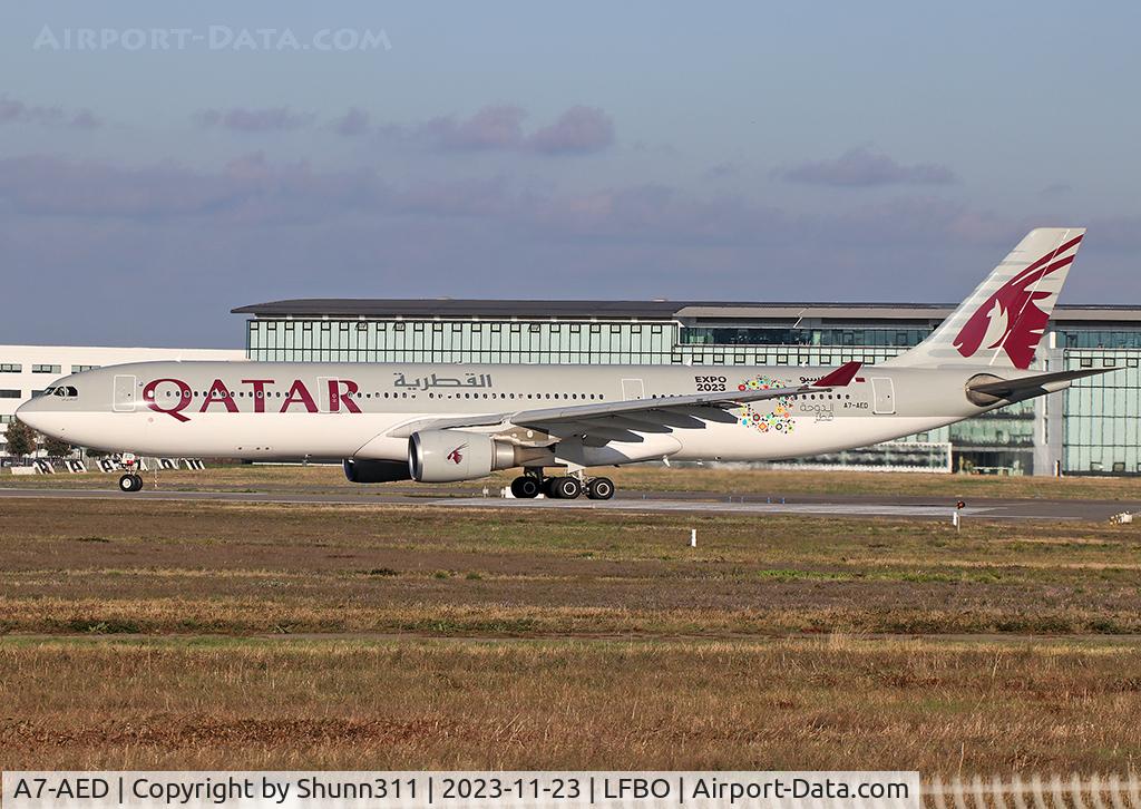 A7-AED, 2005 Airbus A330-302 C/N 680, Lining up rwy 32R for departure... additional special patch...
