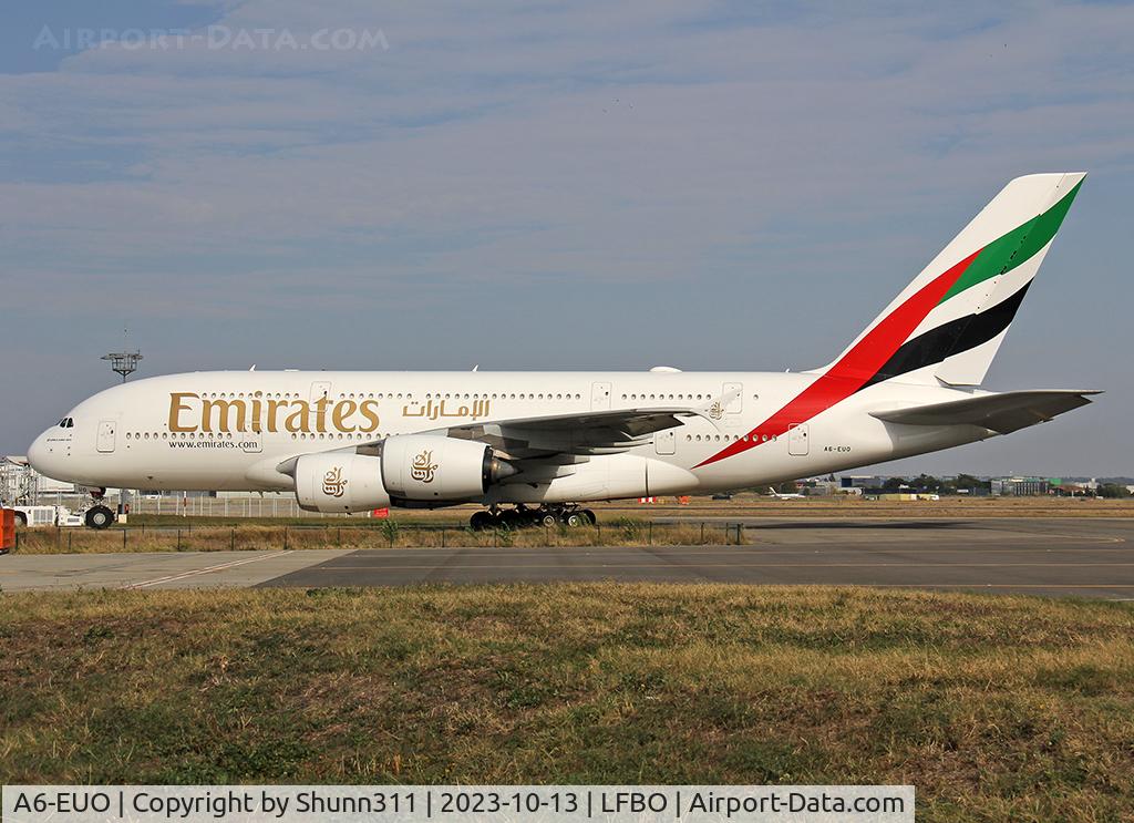A6-EUO, 2016 Airbus A380-842 C/N 227, Push back for ferry flight to DXB afer heavy maintenance at Airbus facility...