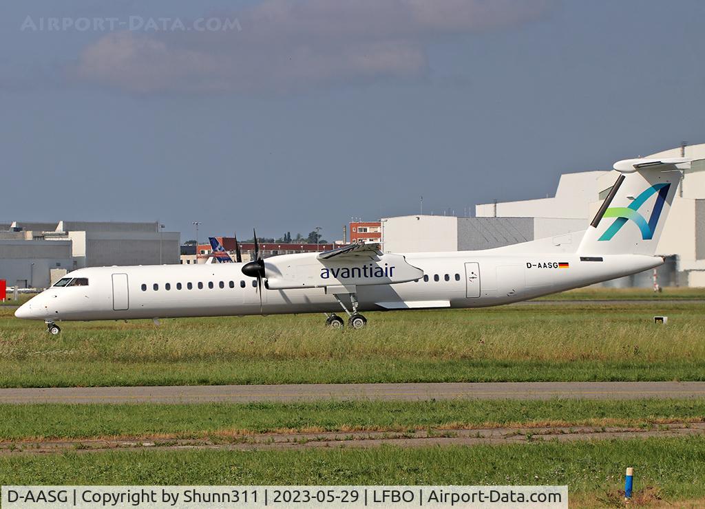 D-AASG, 2003 De Havilland Canada DHC-8-402Q Dash 8 C/N 4087, Taxiing holding point rwy 32R for departure...